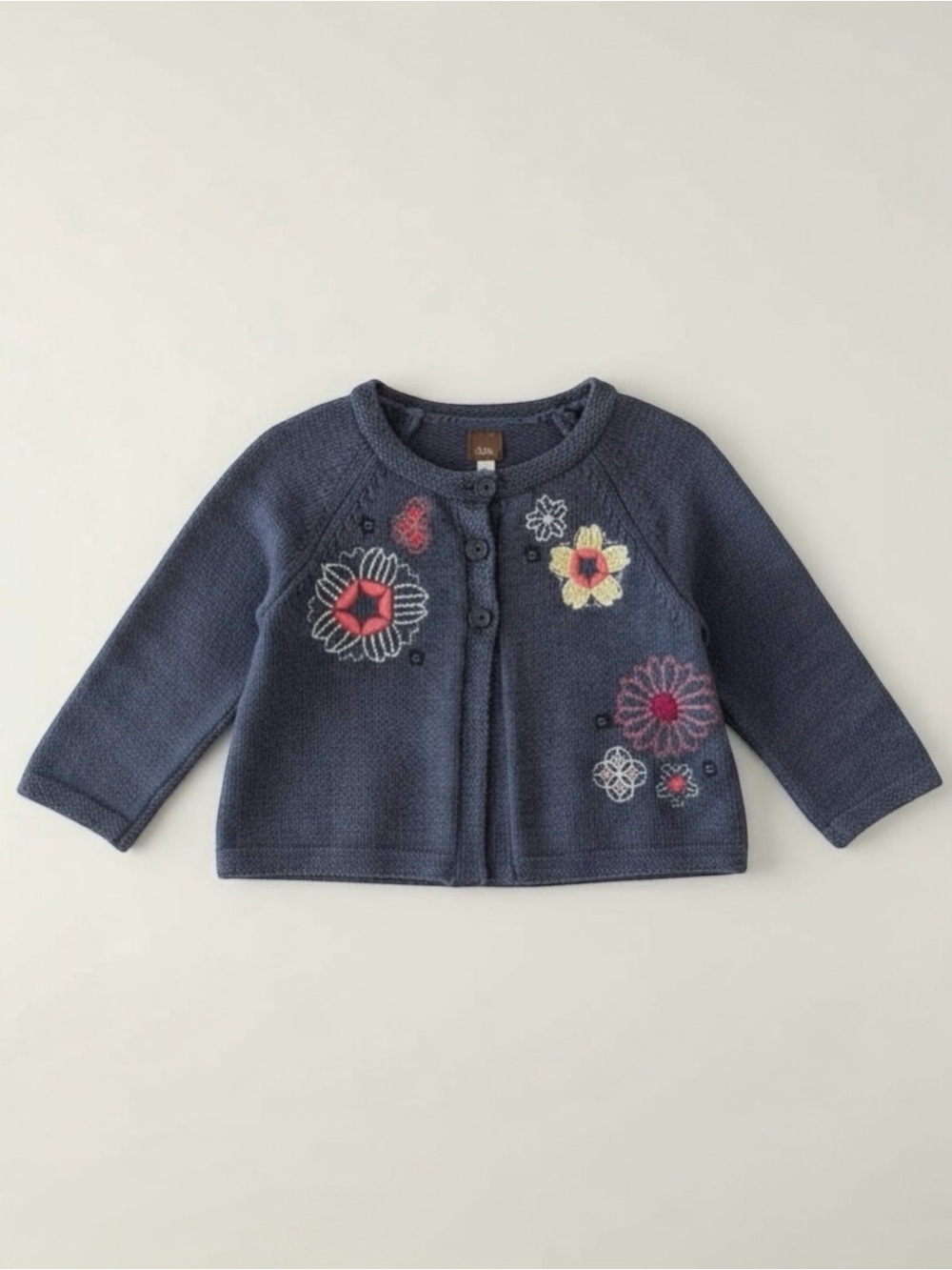 Tea Collection Navy Blue Embroidered Floral Knit Button Cardigan Girls 2-3 XS